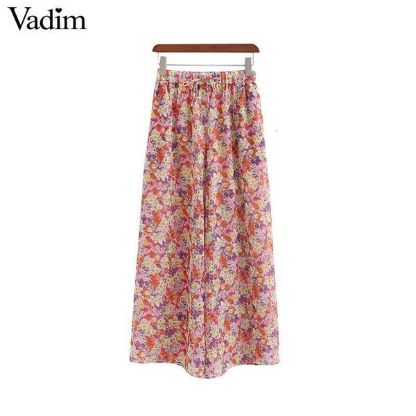 

vadim women chiffon floral print wide leg pants elastic waist bow tie design pleated pockets female summer wear trousers ka967 y19070301, Black;white