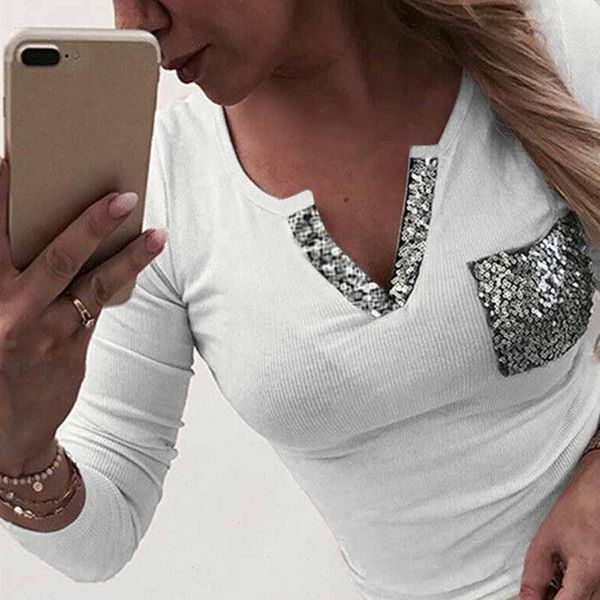 

fashion sequins knitted bottom blouse casual autumn winter lady v neck female women long sleeve shirt blusas pullover, White