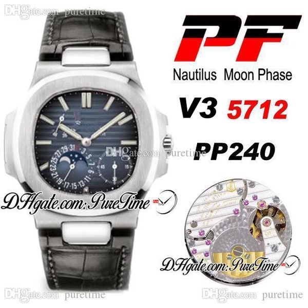 

pf v3 5712 moon phase pp240 automatic mens watch power reserve steel case d-blue texture dial blue leather edition ptpp puretime a01, Slivery;brown