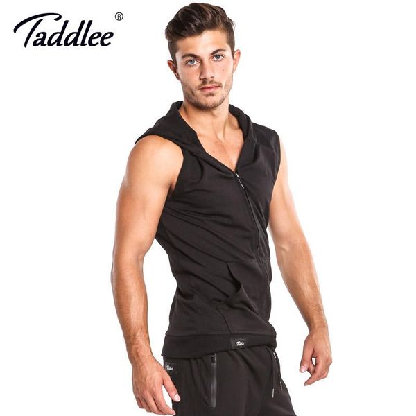 

men's hoodies & sweatshirts taddlee brand hooded tank cotton mens sleeveless zip up black solid color active tees casual fitness stretc