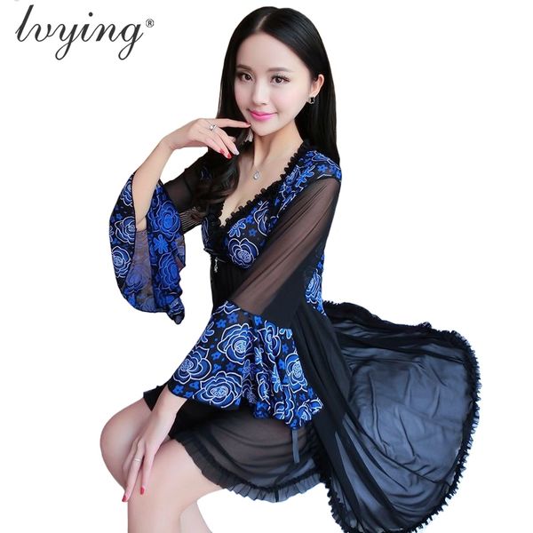 Impresso Mulheres Nightgown Terno Sexy Lace Night Dress Transparentes Pijama Set Net Yarn Roupão Nightshirt Lingerie Nightwear 210203