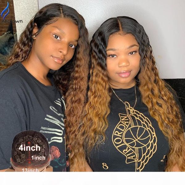 

alicrown curly t-part lace front human hair wigs for women brazilian 180% density lace wigs pre-plucked non-remy hair, Black;brown