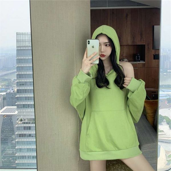 

2020 new foreign style design feeling off shoulder loose thick long sleeve hooded sweater women's autumn and winter mid length top, Black