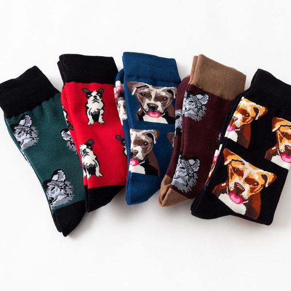 Calcetines para hombre, 5 pares, personalidad, pareja, marea, calle europea, monopatín, cabezas de perro, bordado, algodón, Animal feliz, patrón 1