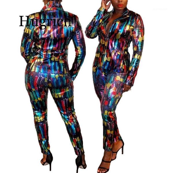 

2020 women tracksuit full sleeve sequined print blazers pants suit office lady casual elastic waist pants two piece set1, White;black