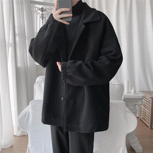 

autumn and winter woolen coat men's korean style loose casual large size coat versatile mid-length large size, Black