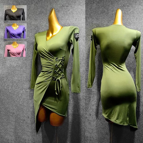 

stage wear latin dance dress adults salsa rumba cha samba dancewear women green long sleeved irregular strap practice dn4513, Black;red