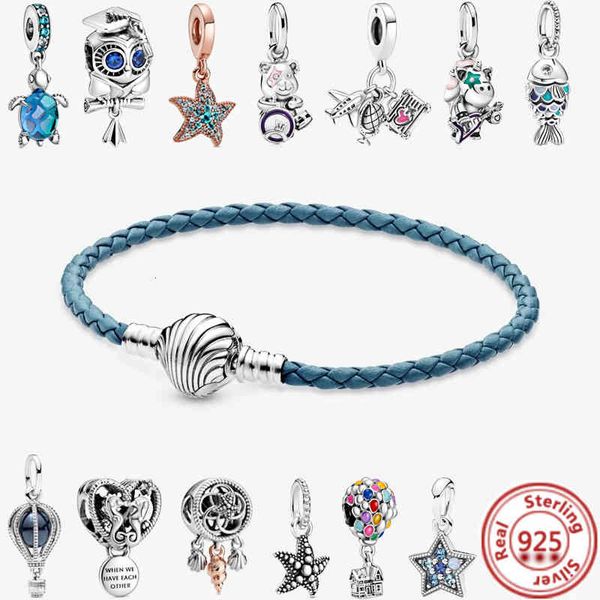 925 Sterling Silver Shell Corrente Trançado Pulseira De Couro Mar Tartaruga Do Mar Beads Charms Pulseiras Para As Mulheres Meninas DIY Jóias