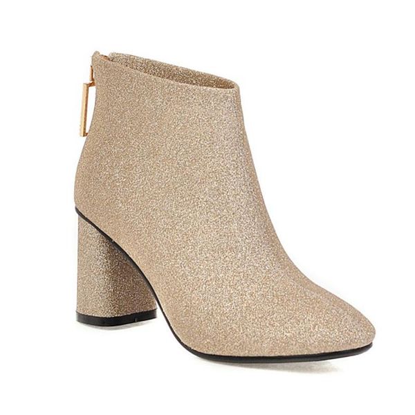 

boots aimaylen glitter shoes women short chunky heel winter ankle fur, Black