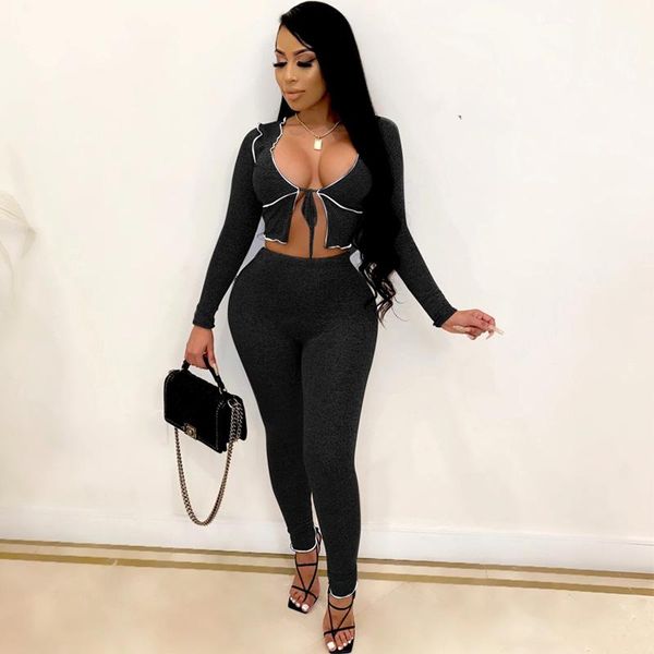 

women outfits long sleeve bandage crop + pants 2 piece set summer spring streetwear club matching suits female clothes, Gray