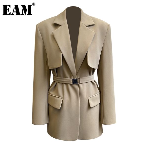 

[eam] women khaki pleated split big size blazer new lapel long sleeve loose fit jacket fashion tide spring autumn 1da535 201201, White;black