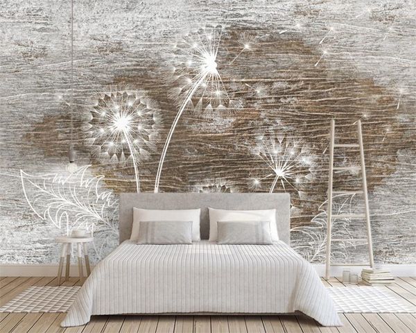 

romantic floral 3d wallpaper nordic wood texture dandelion background wall modern decorative painting classic 3d wallpaper