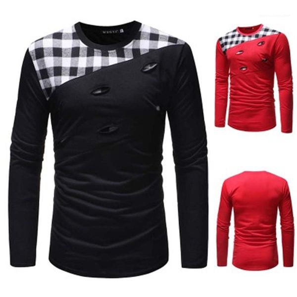 

long sleeve hole casual skinny tees spring male new round neck slim lining tshirt mens lattice splicing tshirt fashion trend, White;black