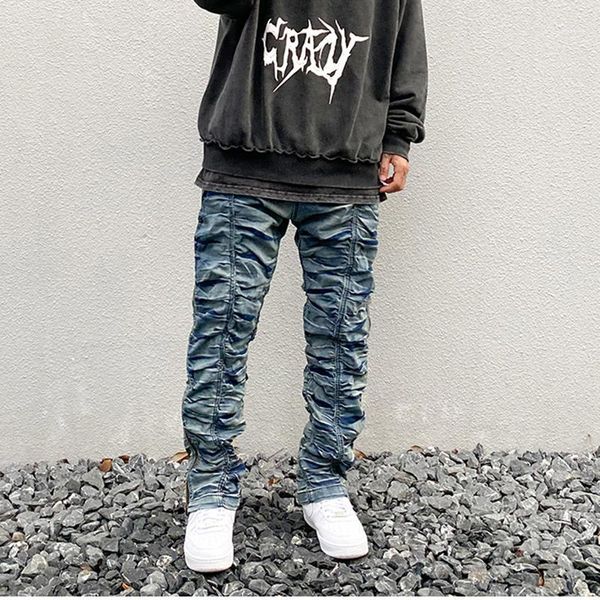 

harajuku retro ruched side zipper jeans men straight washed streetwear denim trousers elastic wasit hip hop mens jeans pants1, Blue