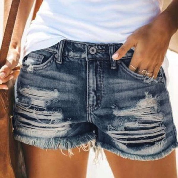 

fashion trend new style high waisted tassel perforated denim shorts pants for women, Blue