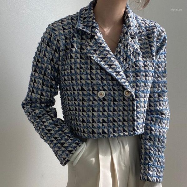 

2021 autumn and winter new korean chic retro thick flower short plaid temperament long-sleeved jacket woolen jacket women gx12761, Black;brown