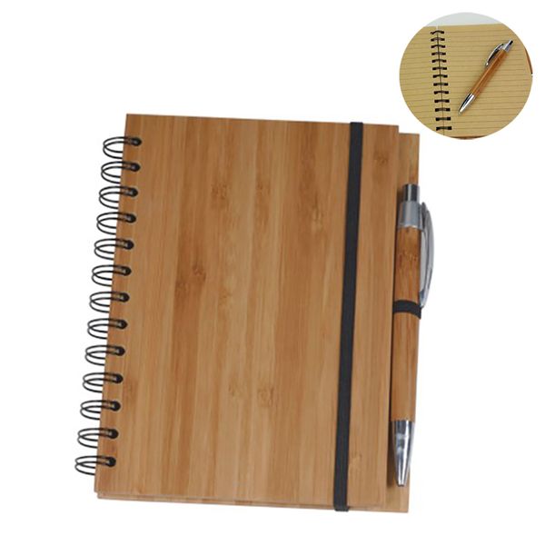 DIY madeira tampa de bambu notebook espiral bloco de notas com caneta 70 folhas recicladas papel alinhado 18x13.5 cm