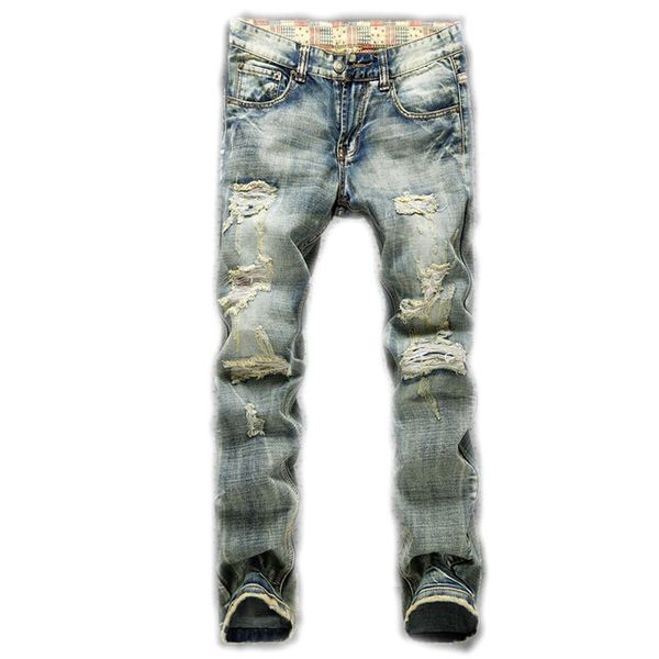 

wholesale-new new men's hole nostalgic cloth torn more blunt bad cowboy pants, Blue