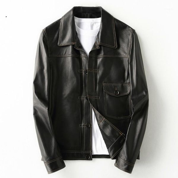 

genuine leather jacket men short 100% sheepskin coat men's leather jacket motorcycle spring veste cuir homme kfs19m013-m kj21621, Black
