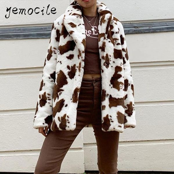 

autumn winter print faux fur coat women casual loose bear teddy jacket female fashion turn down collar overcoat 20201, Black