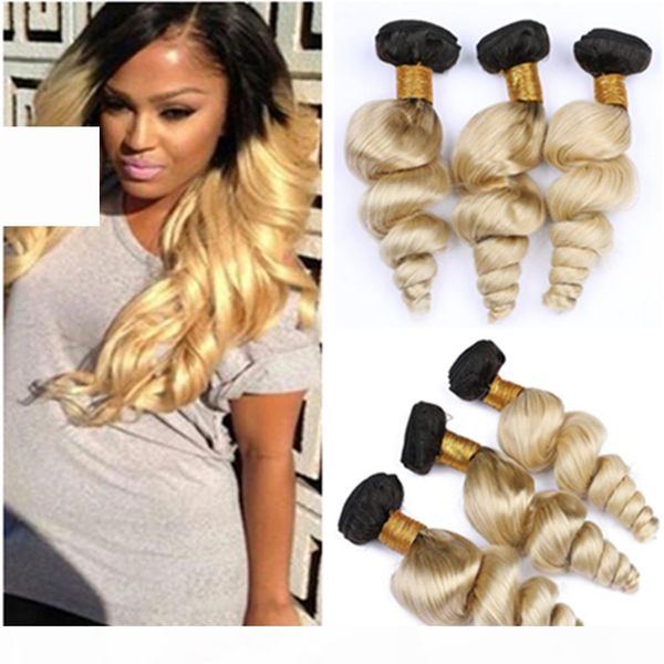 

blonde ombre loose wave peruvian human hair weaves #1b 613 blonde ombre loose wavy virgin human hair bundles deals dark root 10-30, Black;brown