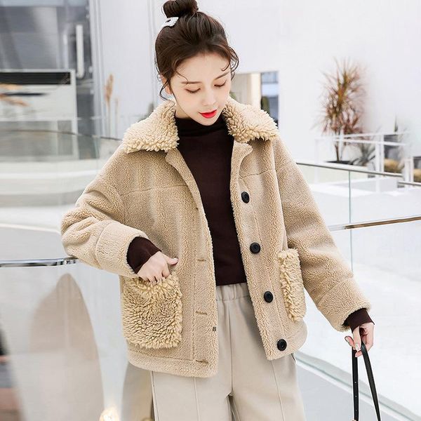 

plush thickened lamb wool coat women's short loose loose ladies elegant autumn and winter new lamb wool coat jacket, Black