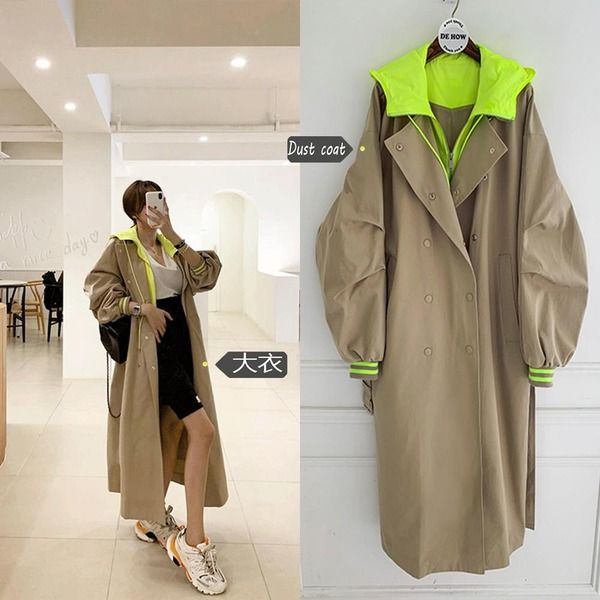 

korean style long sleeve loose female hooded long coat women oversized trench coat retro frock windbreaker, Tan;black