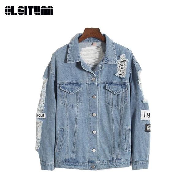 

women's jackets 2021 fashion jacket retro washing frayed embroidery letter patch bomber light blue ripped denim coat jk200, Black;brown