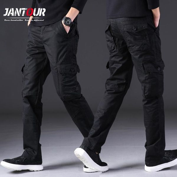 

men's pants autumn winter men cargo safari style multi pocket 100% cotton thick straight trousers black khaki army-green 28-38
