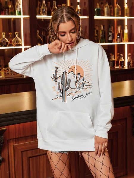 

cactus & letter graphic thermal lined oversized hoodie 77mq#, White;black