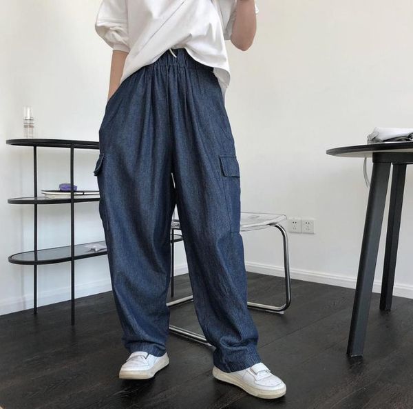 

women's jeans woman cotton long straight bright blue oversized