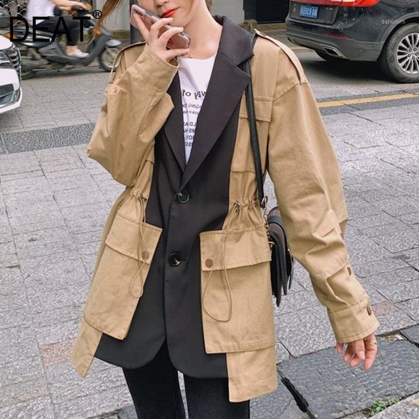 

deat] 2020 new autumn fashion women jackets safari style loose patchwork full sleeve notched pocket drawstring wild coat tx5401, Tan;black