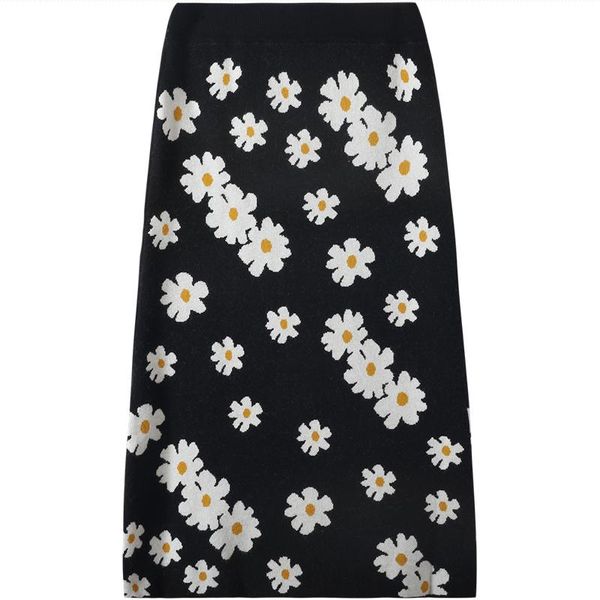 

skirts autumn and winter women's floral knitted skirt mid-length chrysanthemum temperament self-cultivation versatile high-waist, Black