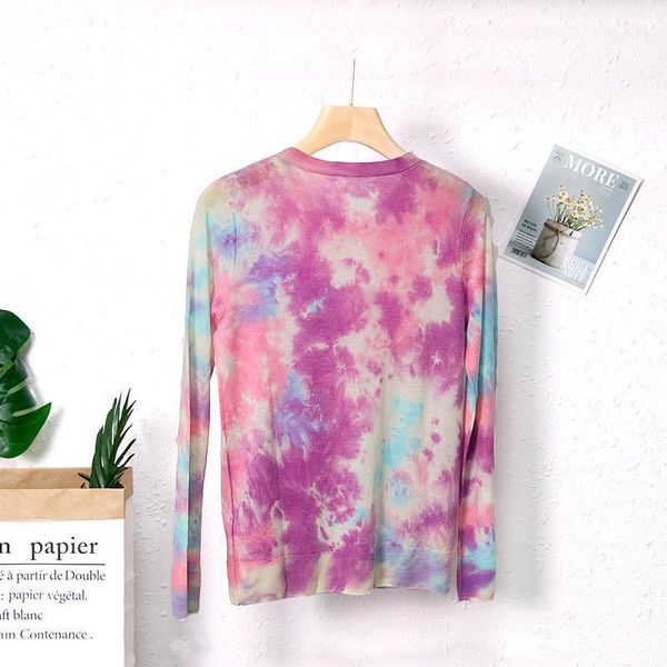 

2020 new fashion knitted high-stretch tie-dye o-neck sweater holiday vacation 1, White;black