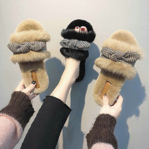 

2020 winter slippers women butterfly-knot furry fur slides for ladies shoes flats super soft home indoor slippers x1020, Black