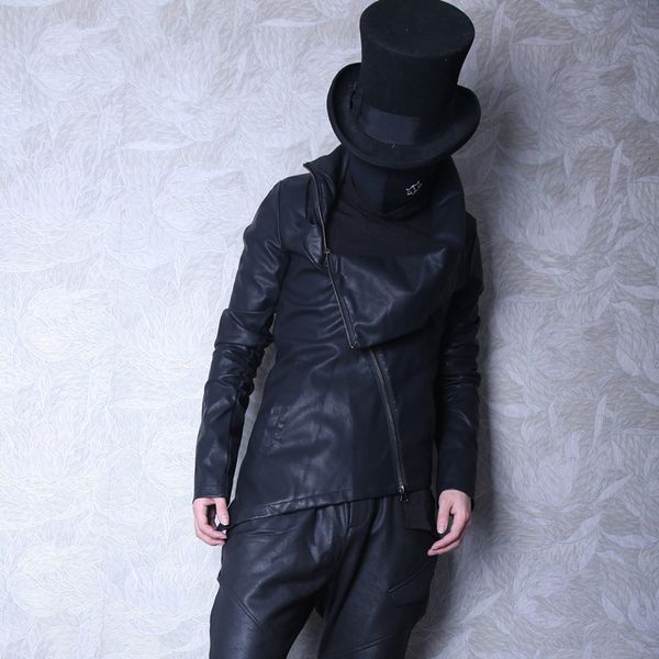 

2021 new men thin winter motorcycle trendy outfits dark high-necked wind with sloping men's leather jacket. a483, Black