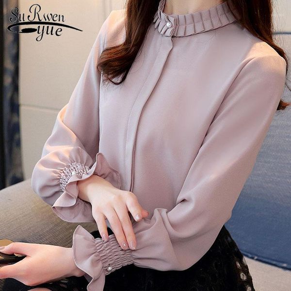

spring 2020 fashion women blouses shirts chiffon blouse long-sleeved womens and blouses solid female clothes 1016 401, White