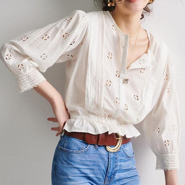 

2020 new hollow out women cotton blouse waist slim ladies single-breasted shirt casual french style shirts and, White
