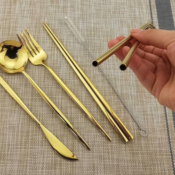 

8pcs/set dinnerware set reusable travel tableware set camp cutlery stainless steel spoon fork chopsticks straw porta bbyjls