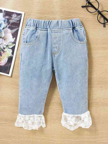 

baby contrast lace hem elastic waist jeans she, Blue