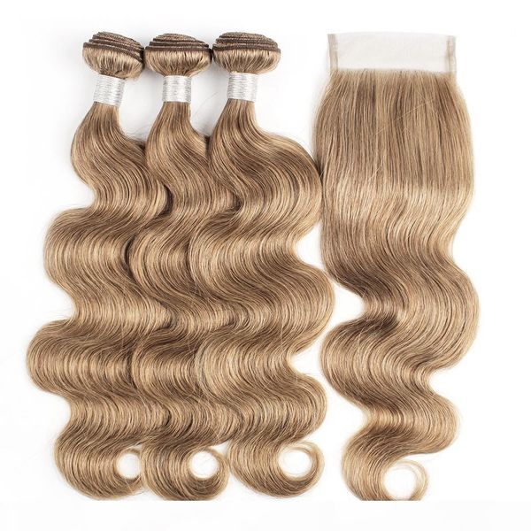 

brazilian human hair bundles with closure #8 ash blonde body wave 4 bundles with 4x4 lace closure remy human hair extensions, Black;brown