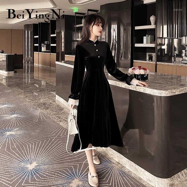 

beiyingni black velvet dress vintage fashion elegant full sleeve warm autumn winter dress women midi vestido roupa feminina 4xl1, Black;gray