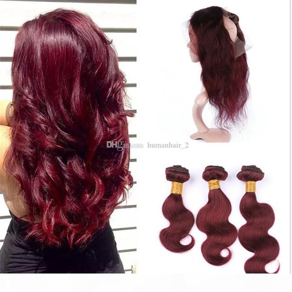 

peruvian virgin hair bundles burgundy body wave human hair weaves with 360 lace frontal closure color #99j wine red hair and 360 frontal, Black;brown