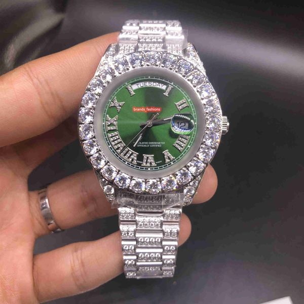 

green face men hip hop prong set часы размер 43 мм серебряный нержавеющая сталь алмазные часы автоматическая механическая наручные часы, Slivery;brown