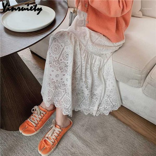 

spring summer mori girl women lace skirt elastic-waisted white black hollow out saia longo elegant princess lace skirts womens1