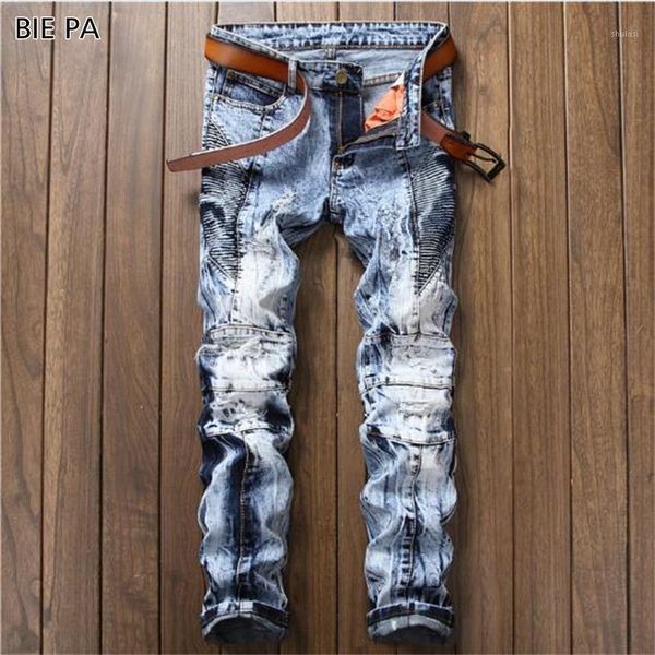

2018 new slim jeans pants spliced creases personality creative club glossy straight american style men's jeans size29-38 #170011, Blue
