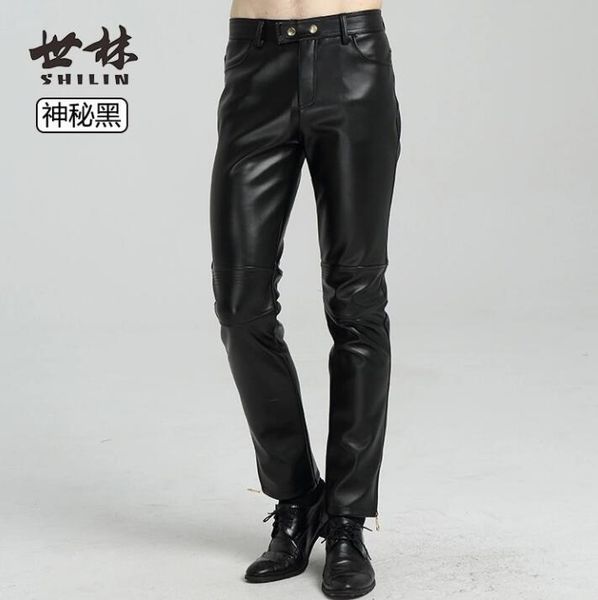 

summer faux leather pants mens feet pants fashion thin motorcycle pu trousers for men personality pantalon homme splice black