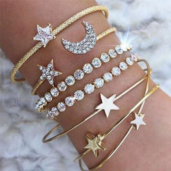 

4pcs/set crystal star moon bangle set multilayer love heart charm gold color open cuff bangles adjustable jewelry for women, Black