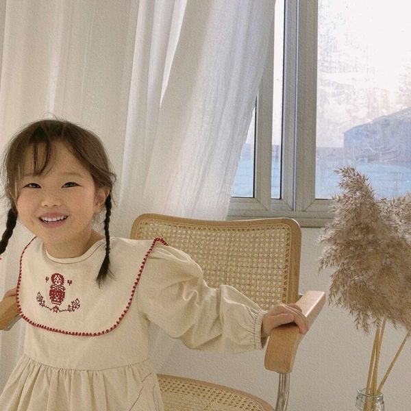 

2021 spring korean children's embroidered girl's drs kl7e, Red;yellow