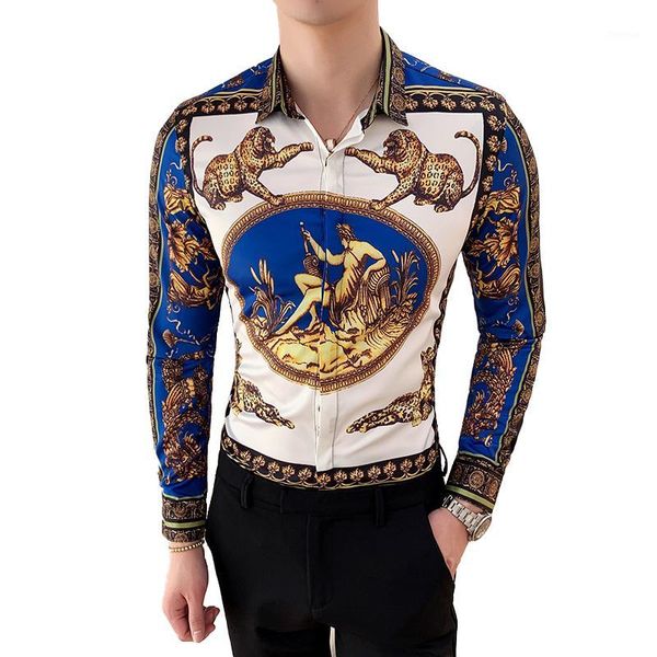 

mens fashion boutique printed casual long-sleeved shirts men shirt gold printed shirt slimtrend dress1, White;black